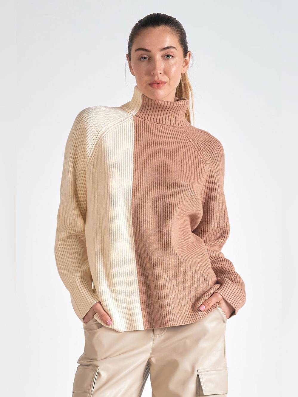 Colorblock Turtleneck Sweater Ivory Beige Neutral Knit